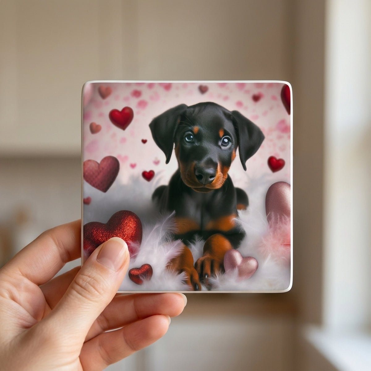 Doberman Pinscher ceramic coasters set of 4, in hand
