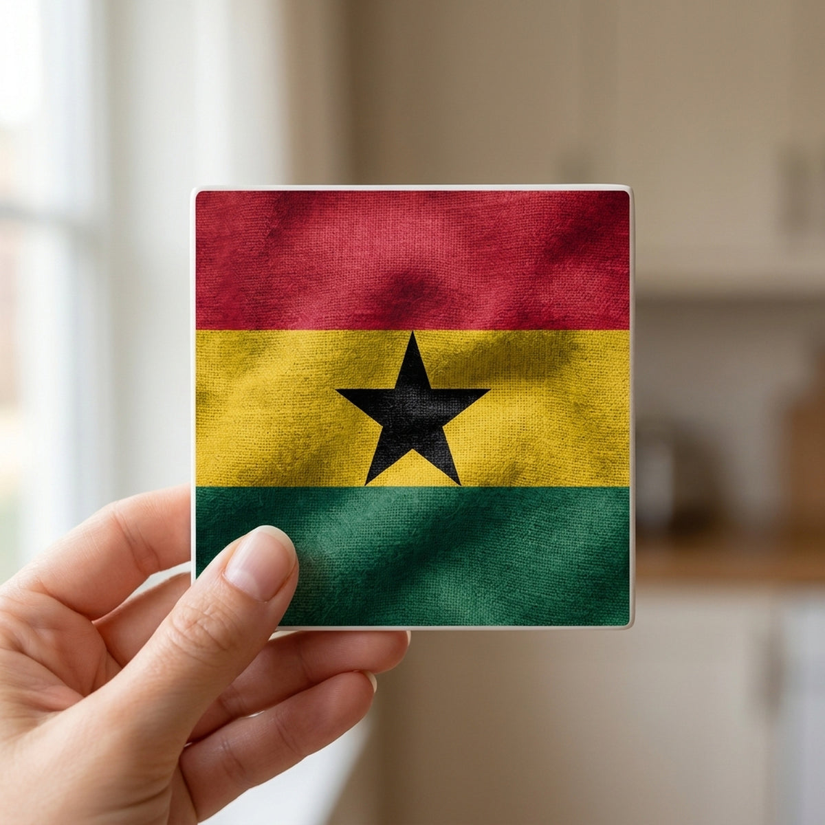 Ghana Flag Pride ceramic coasters set of 4, in hand