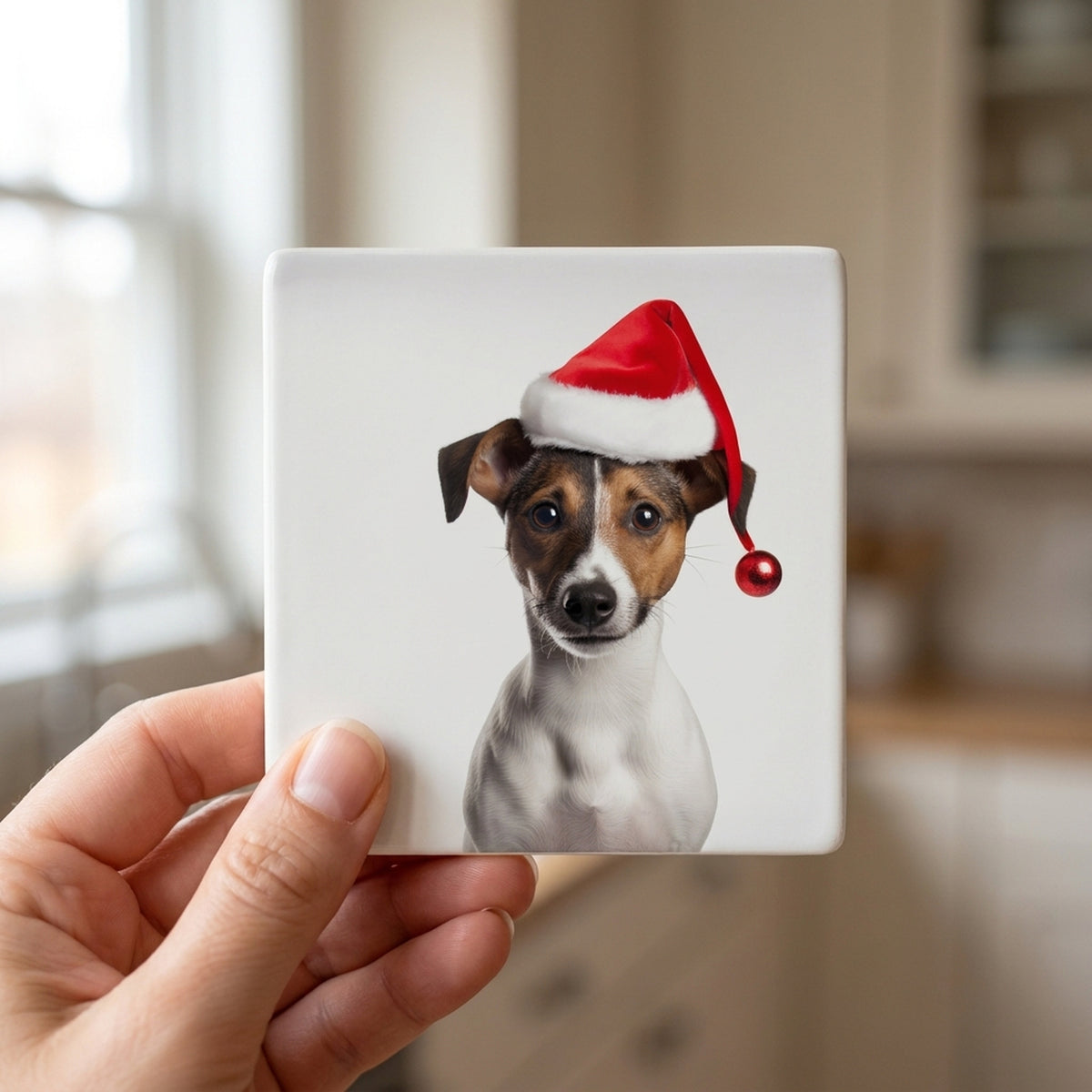 Smooth Fox Terrier ceramic coasters set of 4, in hand