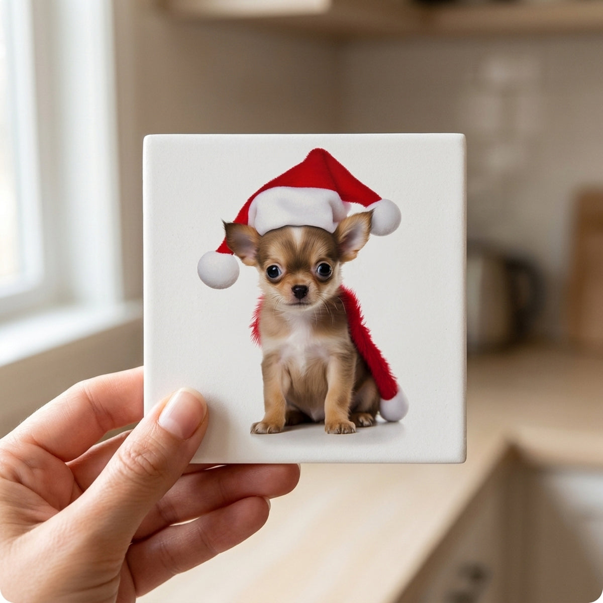 Chihuahua Puppy ceramic coasters set of 4, in hand