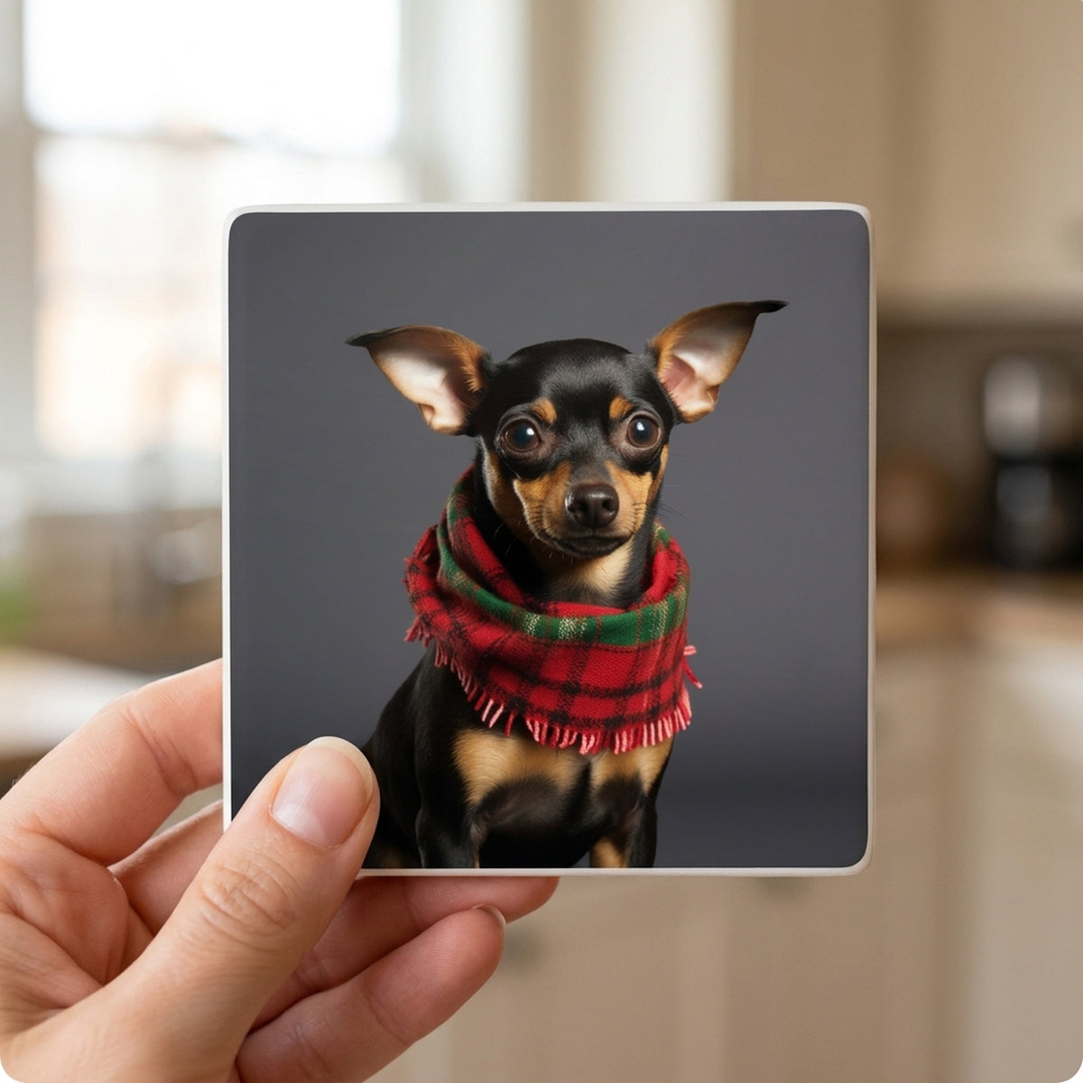 Miniature Pinscher ceramic coasters set of 4, in hand