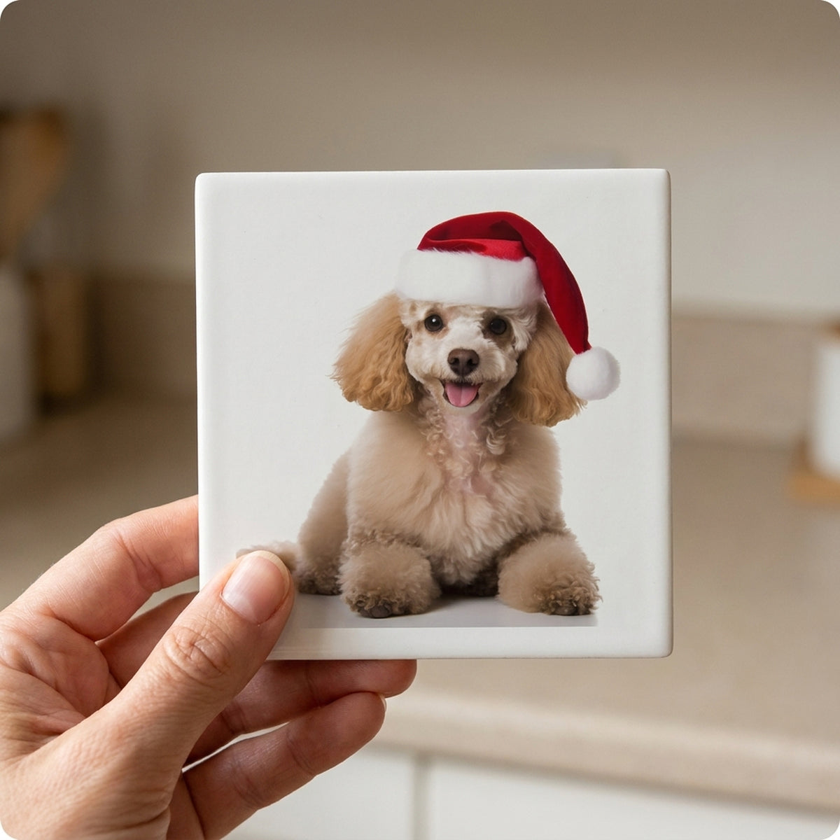 Poodle ceramic coasters set of 4, in hand