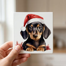 Dachshund Puppy Drawing ceramic coasters set of 4, in hand