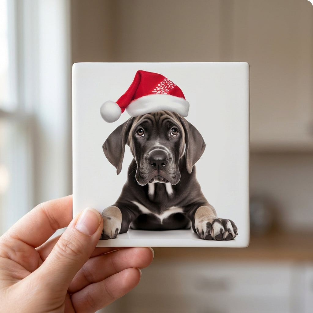 Great Dane Puppy ceramic coasters set of 4, in hand