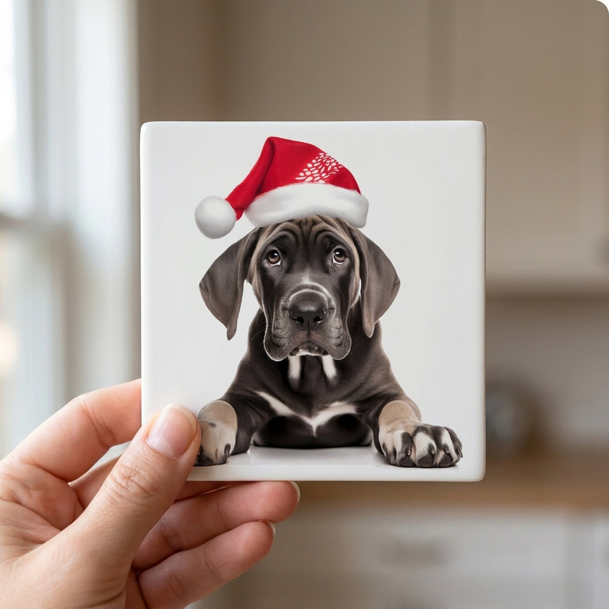 Great Dane Puppy ceramic coasters set of 4, in hand