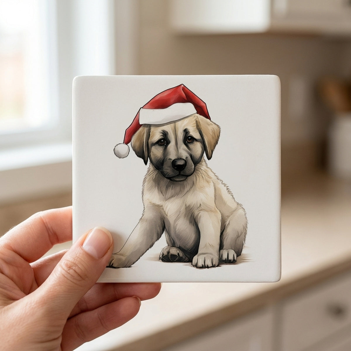 Anatolian Shepherd Dog Puppy Drawing ceramic coasters set of 4, in hand