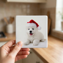 Samoyed Puppy ceramic coasters set of 4, in hand