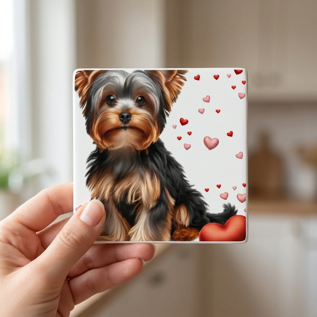 Yorkshire Terrier ceramic coasters set of 4, in hand