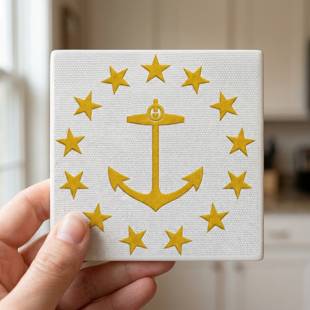 Rhode Island State Flag ceramic coasters set of 4, in hand