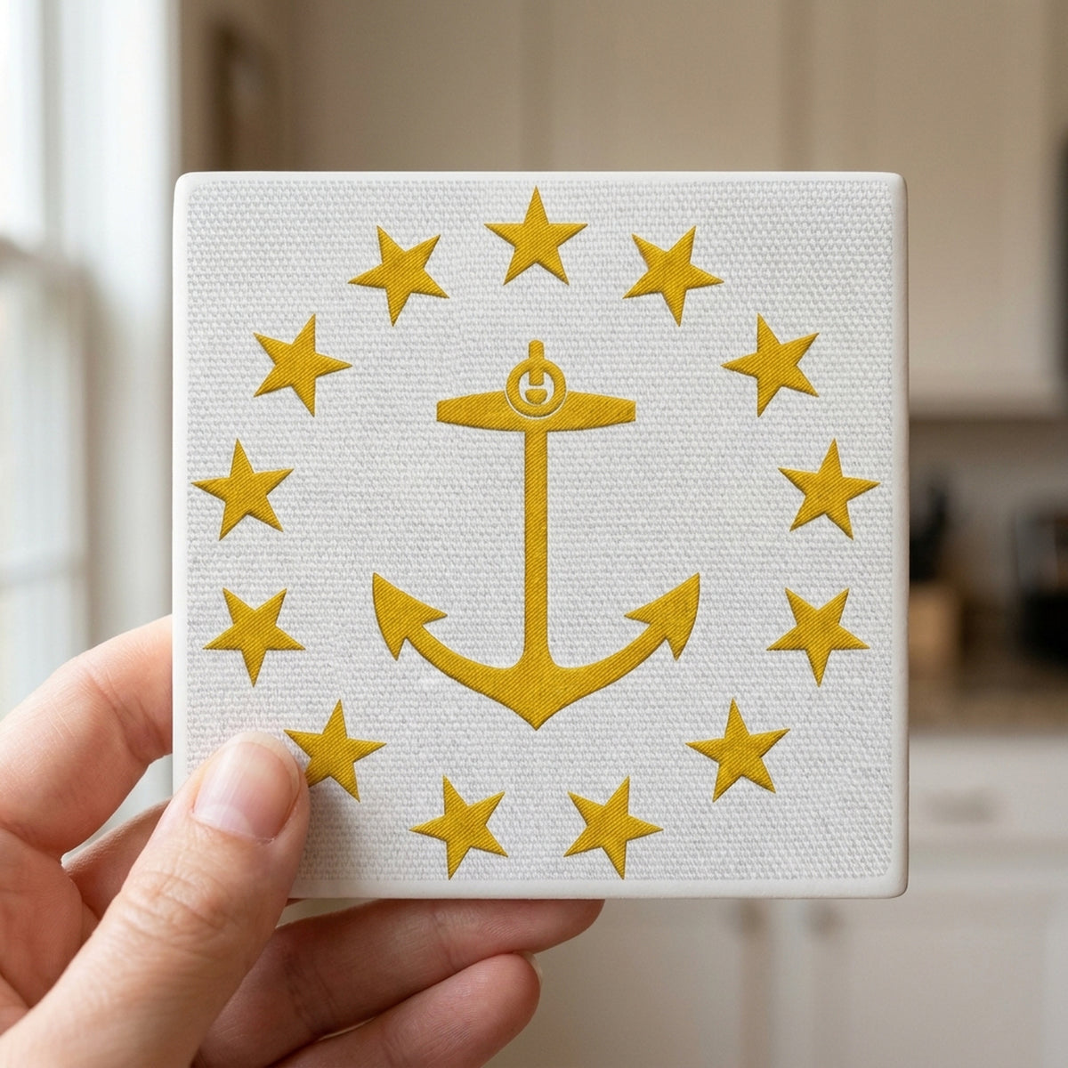 Rhode Island State Flag ceramic coasters set of 4, in hand