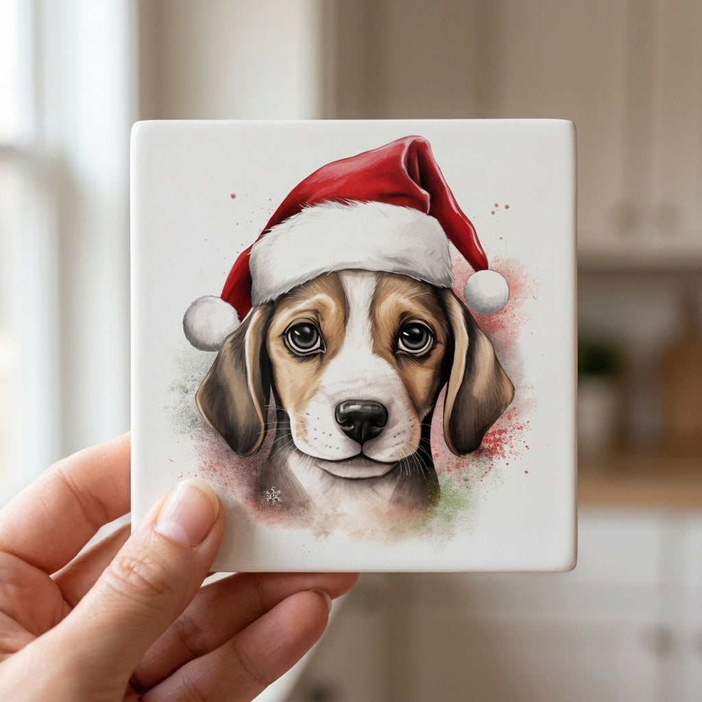 Beagle Puppy Drawing ceramic coasters set of 4, in hand