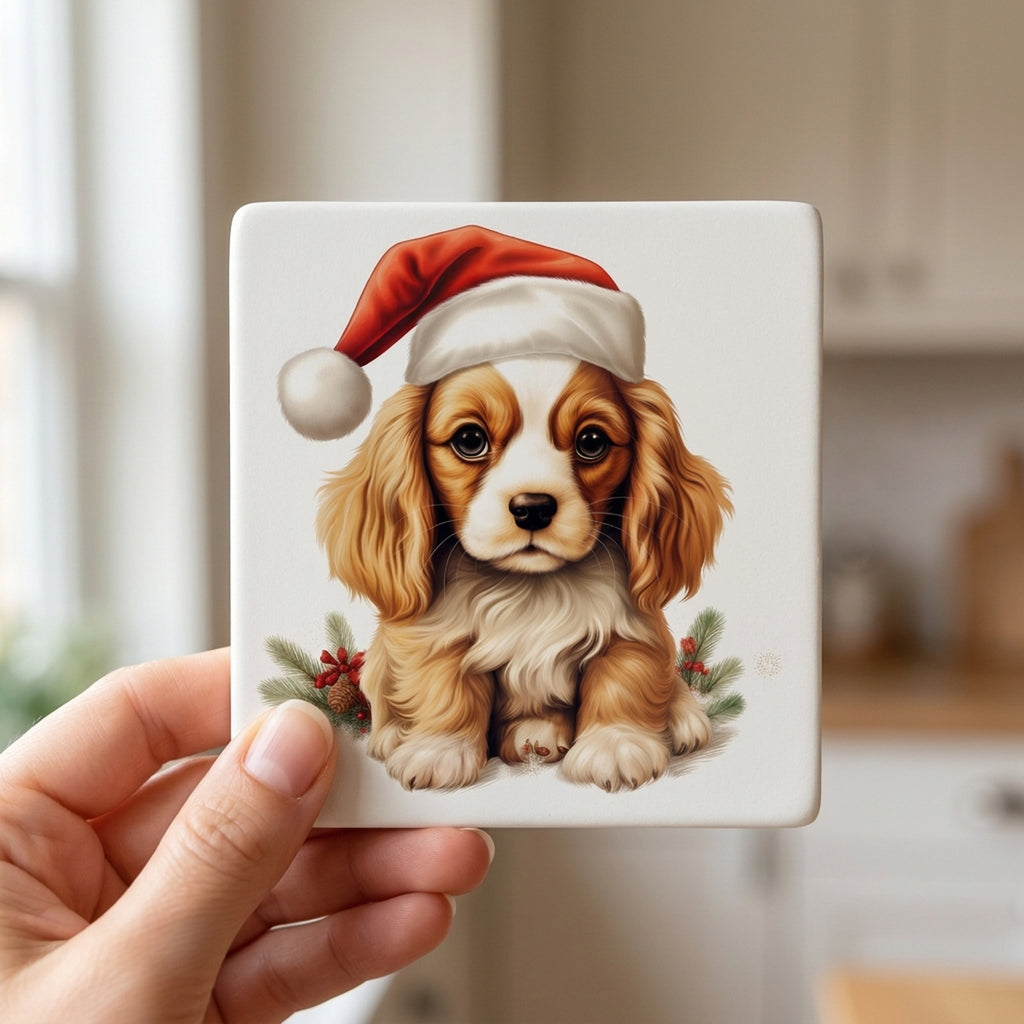 Cavalier King Charles Spaniel Puppy Drawing ceramic coasters set of 4, in hand