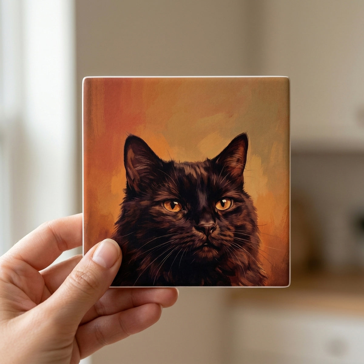 Black Cat Portrait ceramic coasters set of 4, in hand