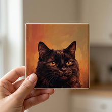 Black Cat Portrait ceramic coasters set of 4, in hand