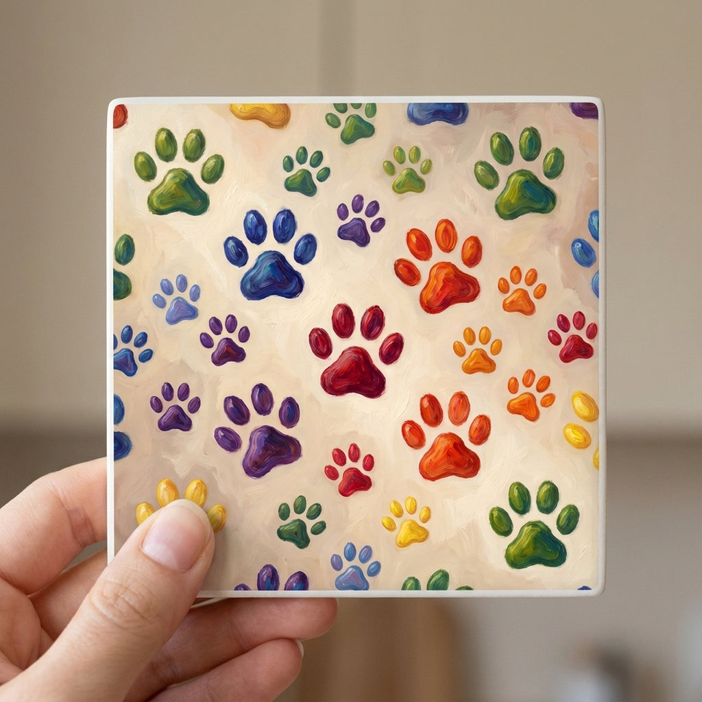 Colorful Paw Prints ceramic coasters set of 4, in hand