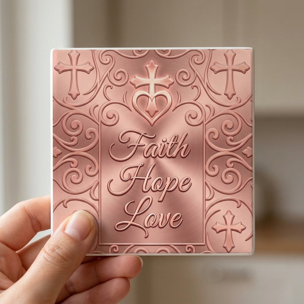 Faith Hope Love ceramic coasters set of 4, in hand