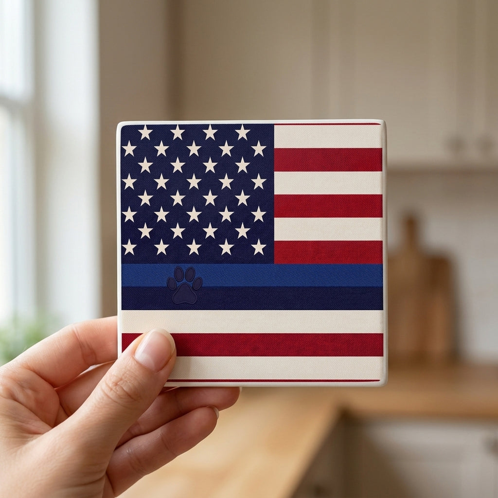 Blue Line K9 Paw Flag ceramic coasters set of 4, in hand