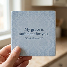 His Grace Is Sufficient ceramic coasters set of 4, in hand