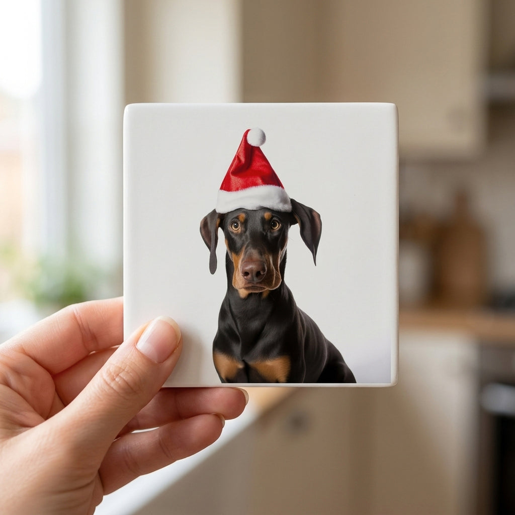 Doberman Pinscher ceramic coasters set of 4, in hand