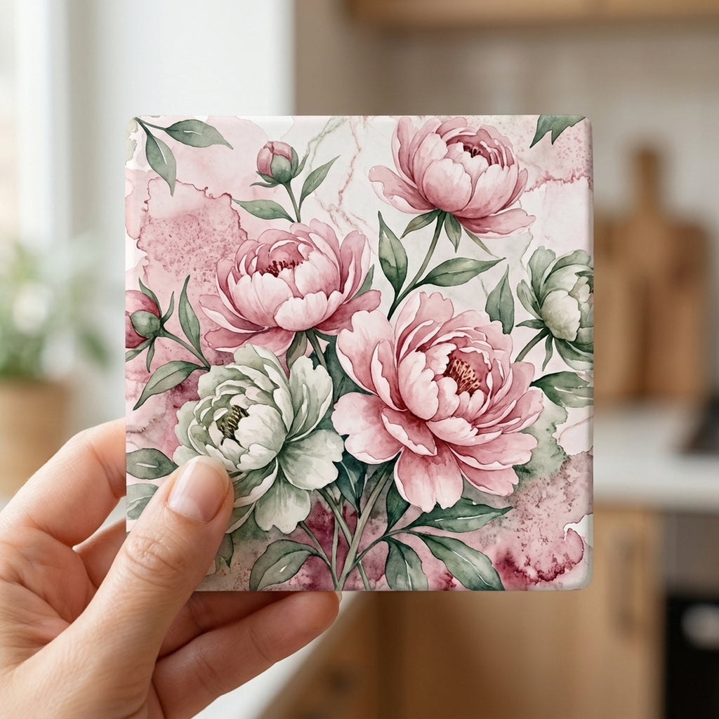 Watercolor Peony Floral ceramic coasters set of 4, in hand