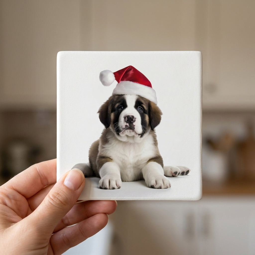 St. Bernard Puppy ceramic coasters set of 4, in hand