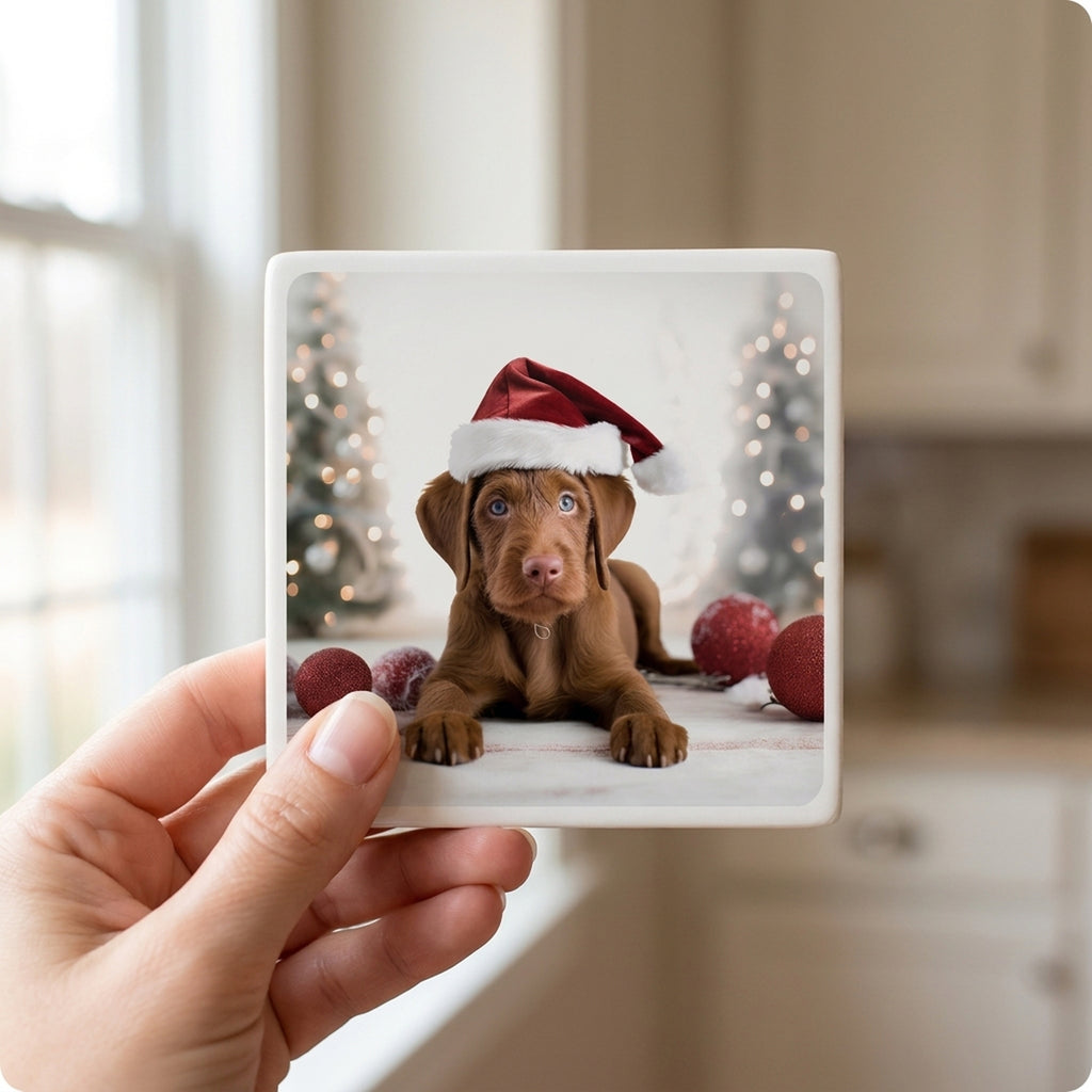 Wirehaired Vizsla Puppy ceramic coasters set of 4, in hand