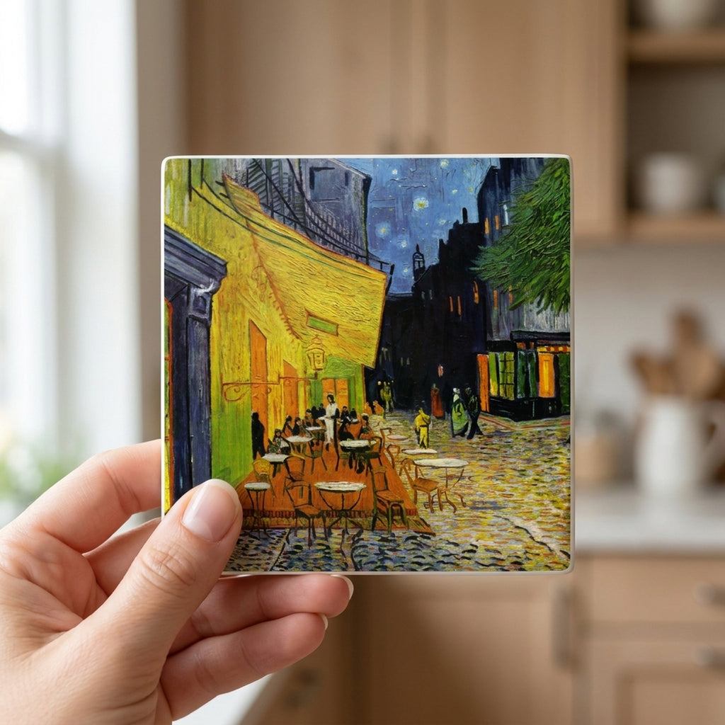 Cafe Terrace At Night ceramic coasters set of 4, in hand