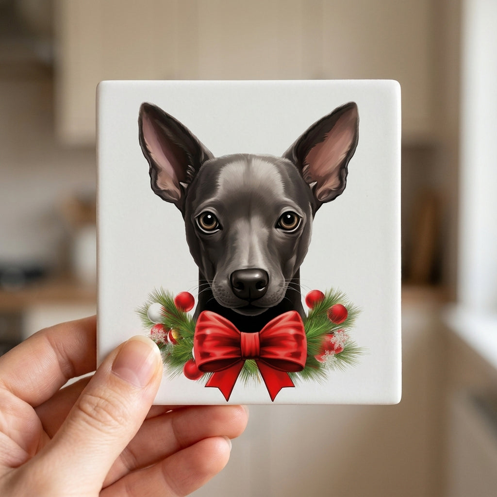 Xoloitzcuintli Puppy Drawing ceramic coasters set of 4, in hand