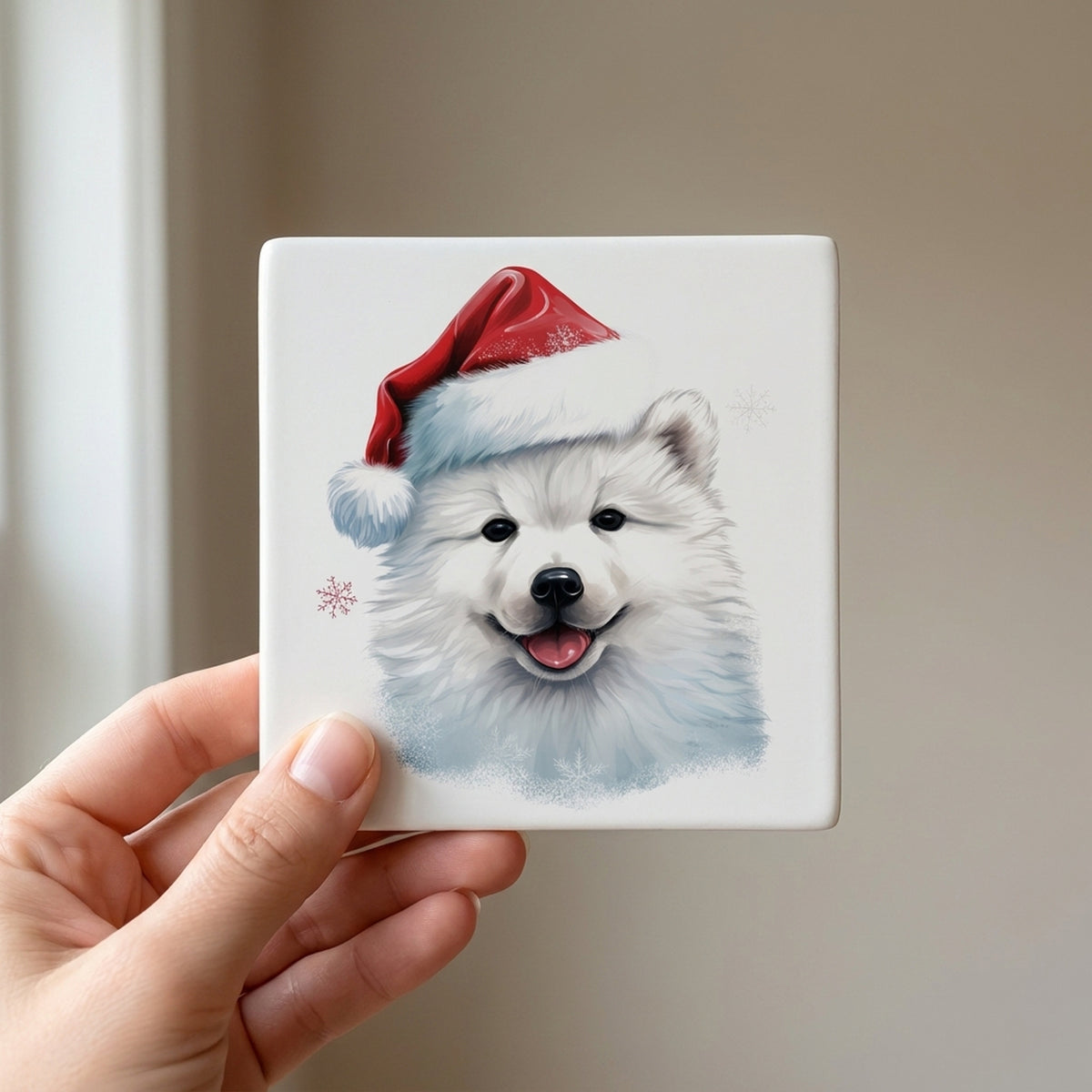 Samoyed Puppy Drawing ceramic coasters set of 4, in hand