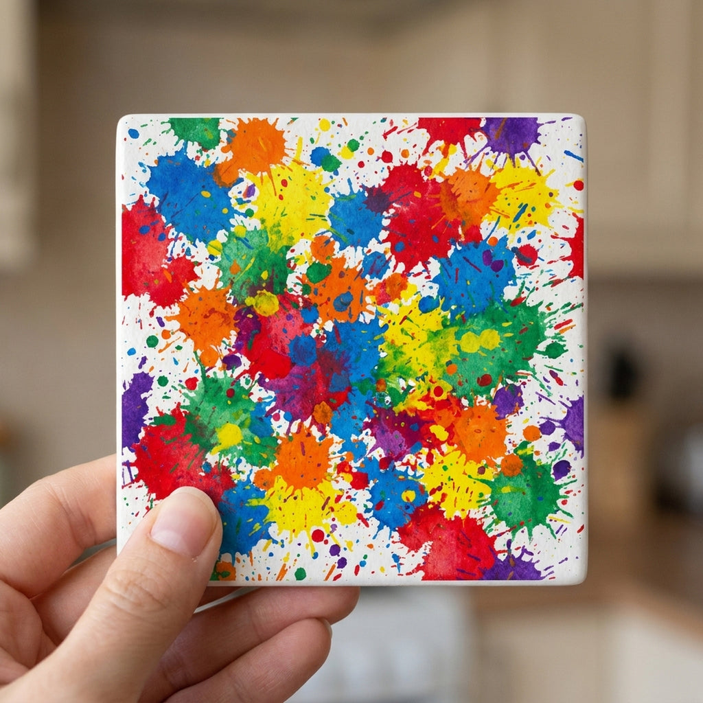 Paint Splatter ceramic coasters set of 4, in hand