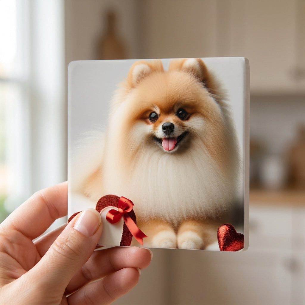 Pomeranian ceramic coasters set of 4, in hand