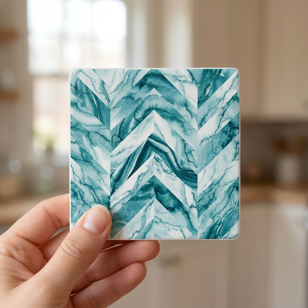 Chevron ceramic coasters set of 4, in hand