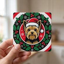 Yorkshire Terrier Christmas Ornament Art ceramic coasters set of 4, in hand