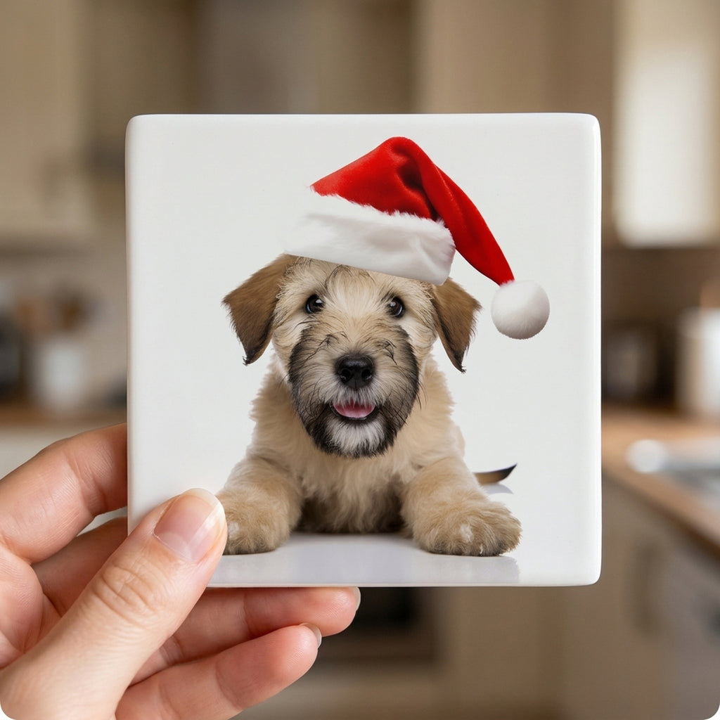 Soft Coated Wheaten Terrier Puppy ceramic coasters set of 4, in hand