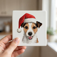 Russell Terrier ceramic coasters set of 4, in hand