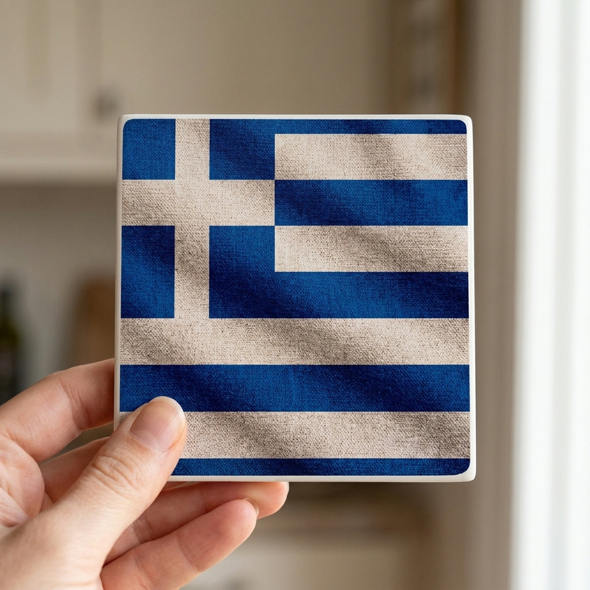 Greece Flag Pride ceramic coasters set of 4, in hand