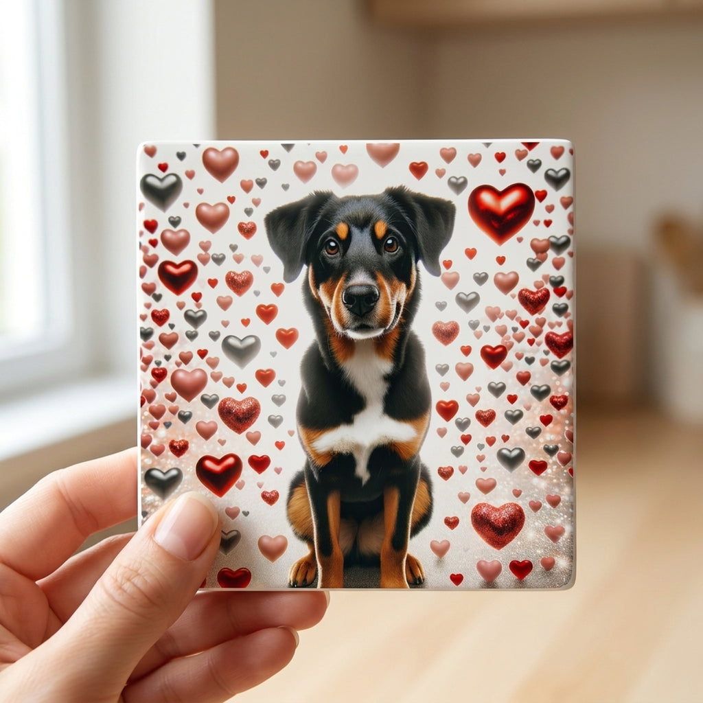 Greater Swiss Mountain Dog ceramic coasters set of 4, in hand