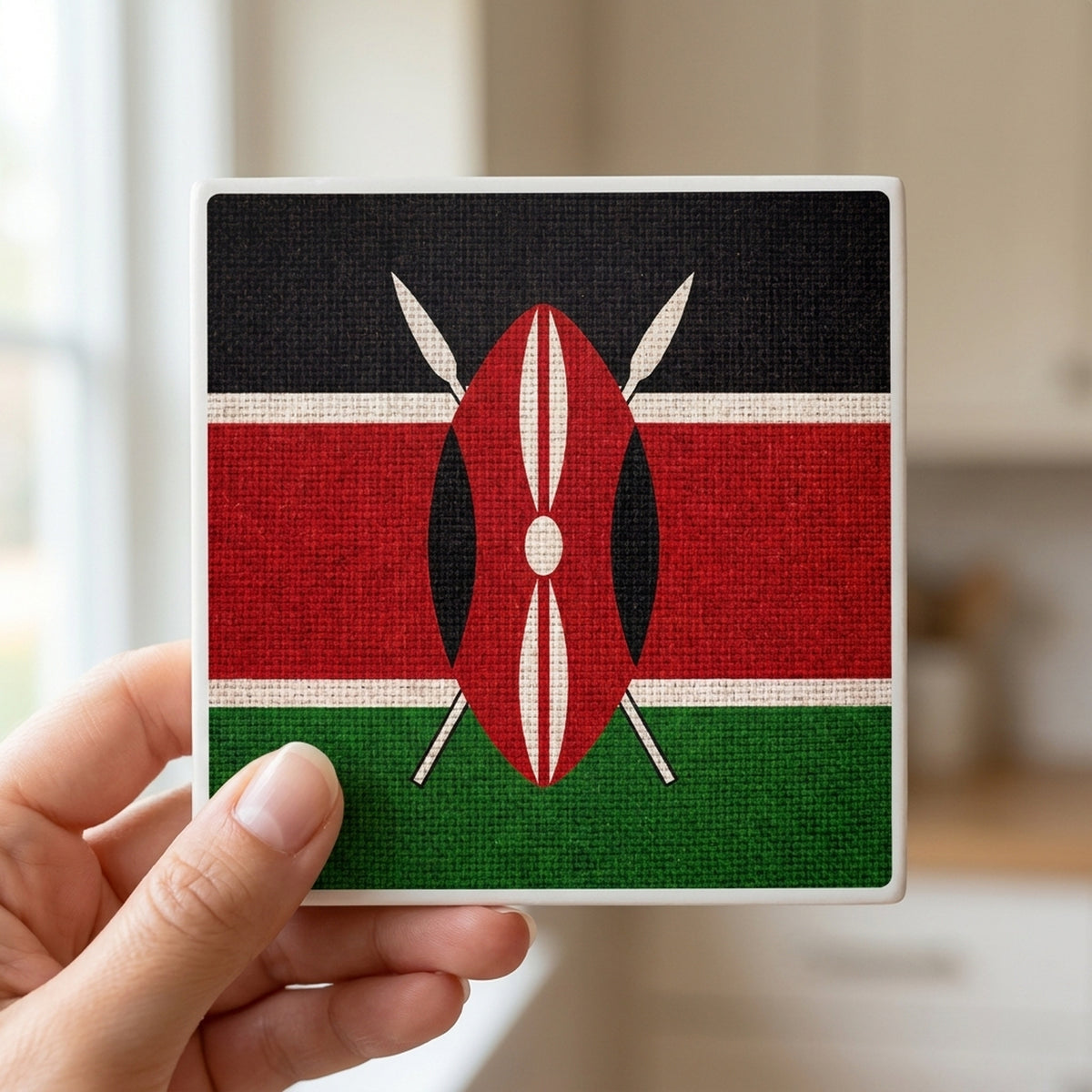 Kenya Flag Pride ceramic coasters set of 4, in hand