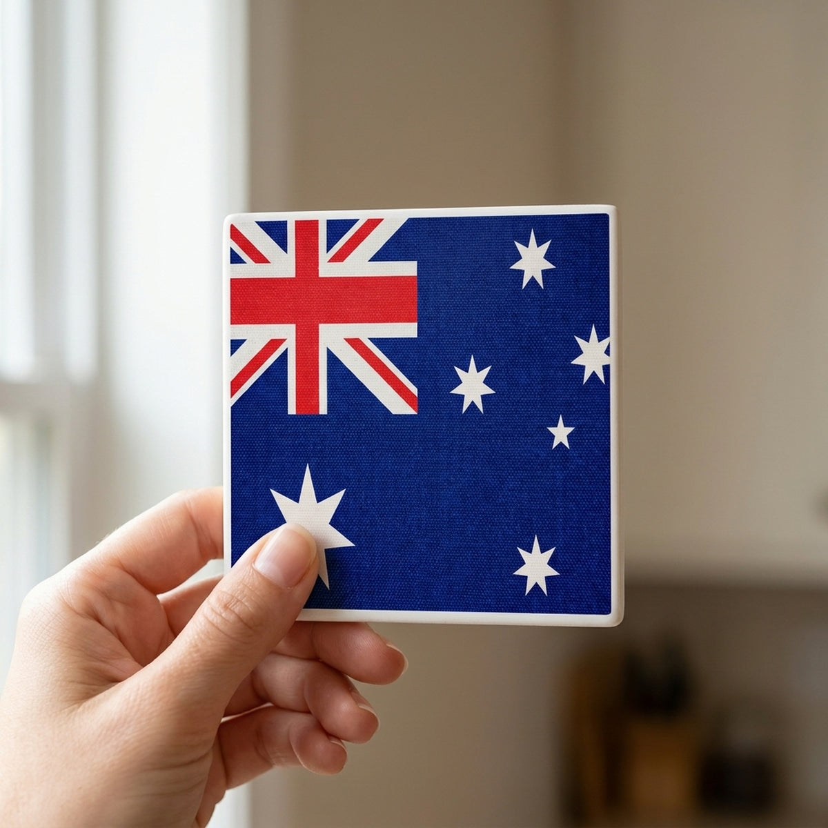 Australia Flag Pride ceramic coasters set of 4, in hand