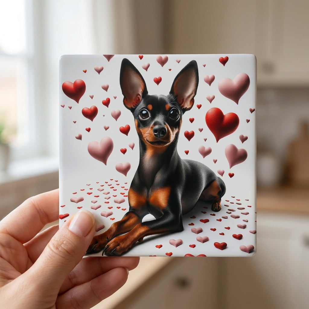 Miniature Pinscher ceramic coasters set of 4, in hand