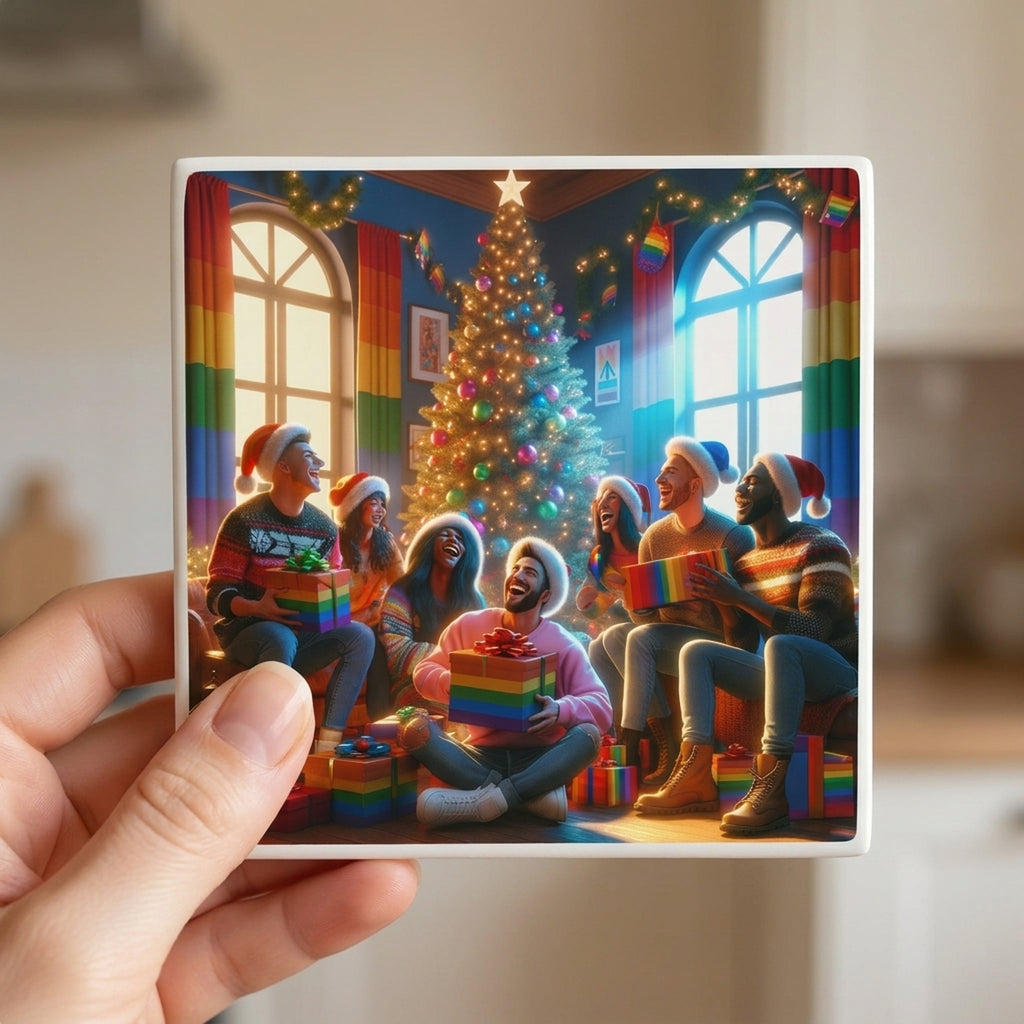 Rainbow Christmas Cheer ceramic coasters set of 4, in hand