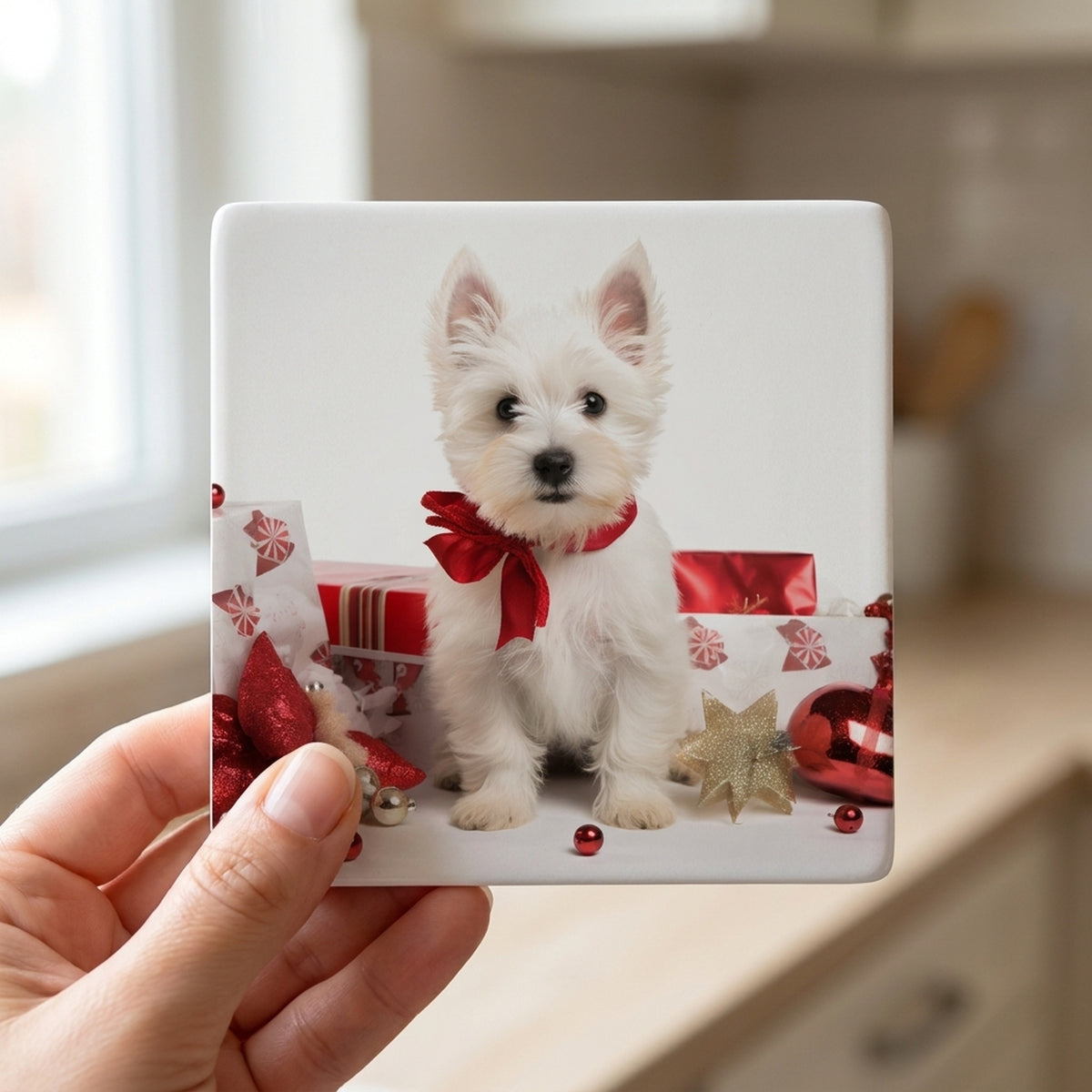 West Highland White Terrier Puppy ceramic coasters set of 4, in hand