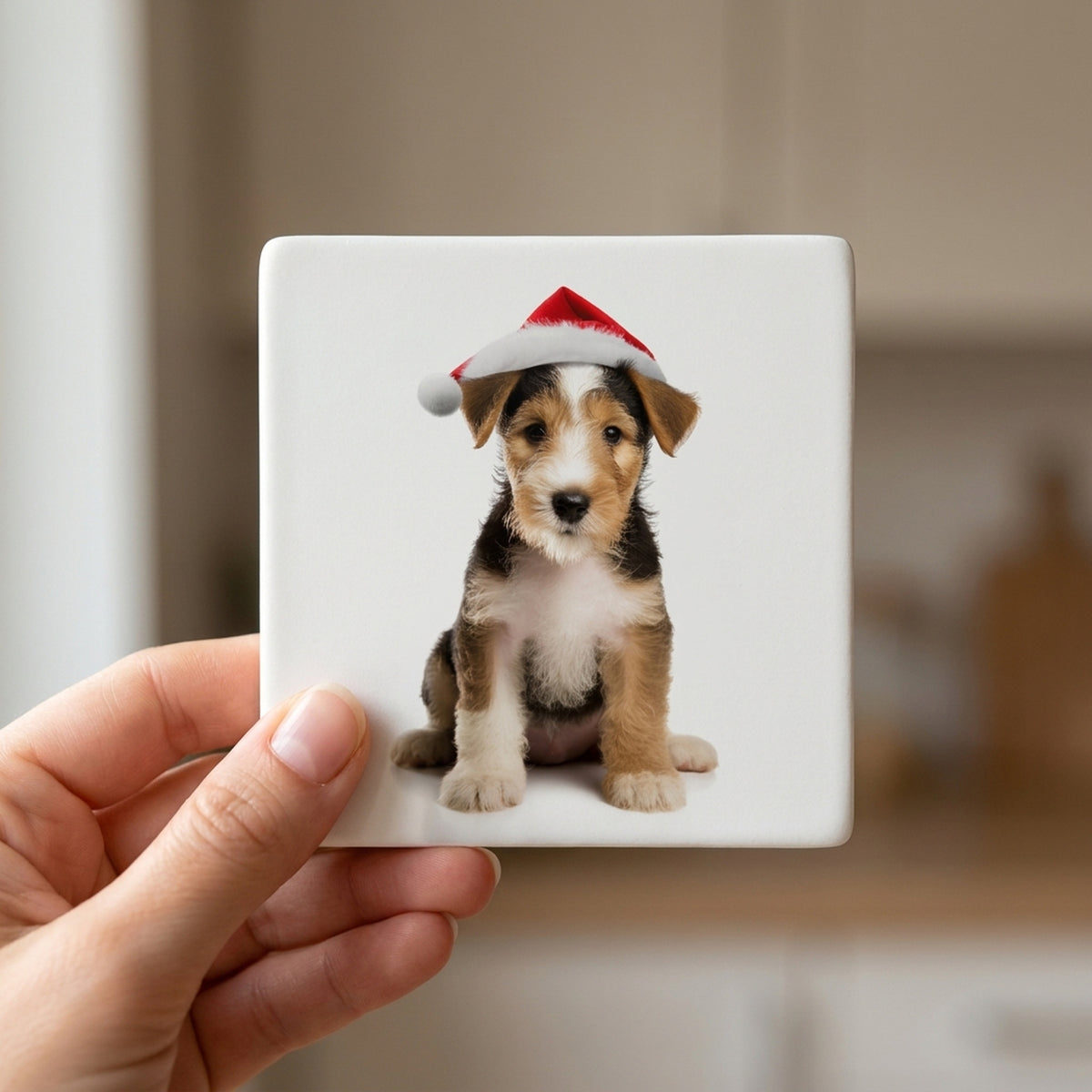 Wire Fox Terrier Puppy ceramic coasters set of 4, in hand