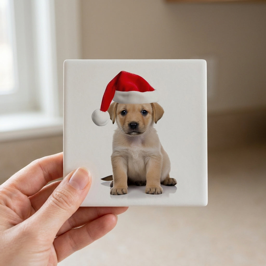 Chinook Puppy ceramic coasters set of 4, in hand
