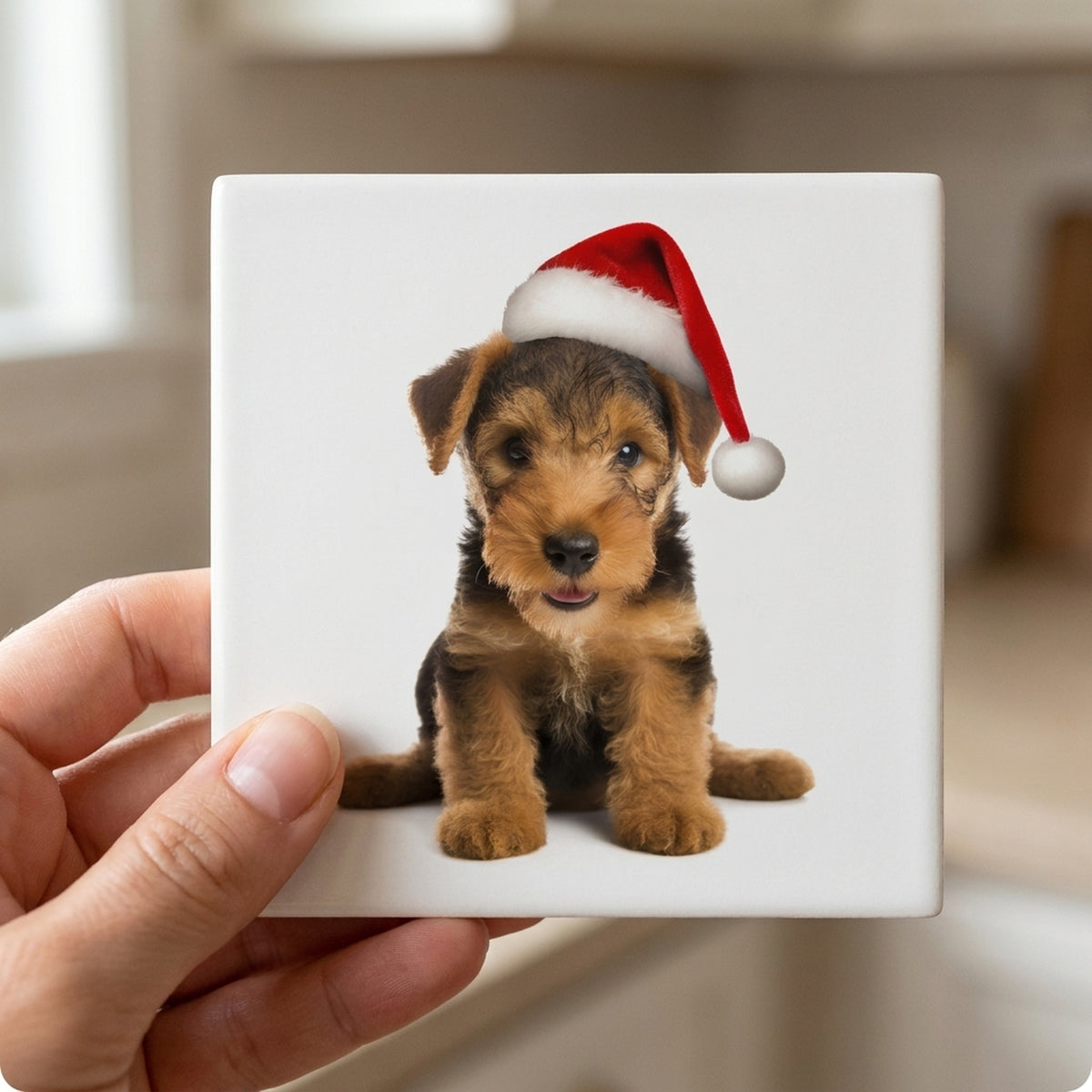 Welsh Terrier Puppy ceramic coasters set of 4, in hand