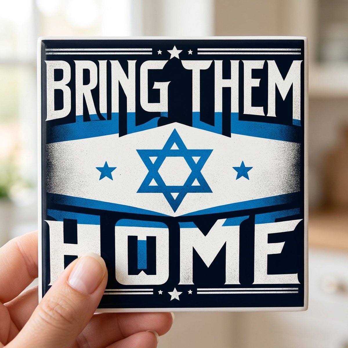 Blue Star Banner ceramic coasters set of 4, in hand