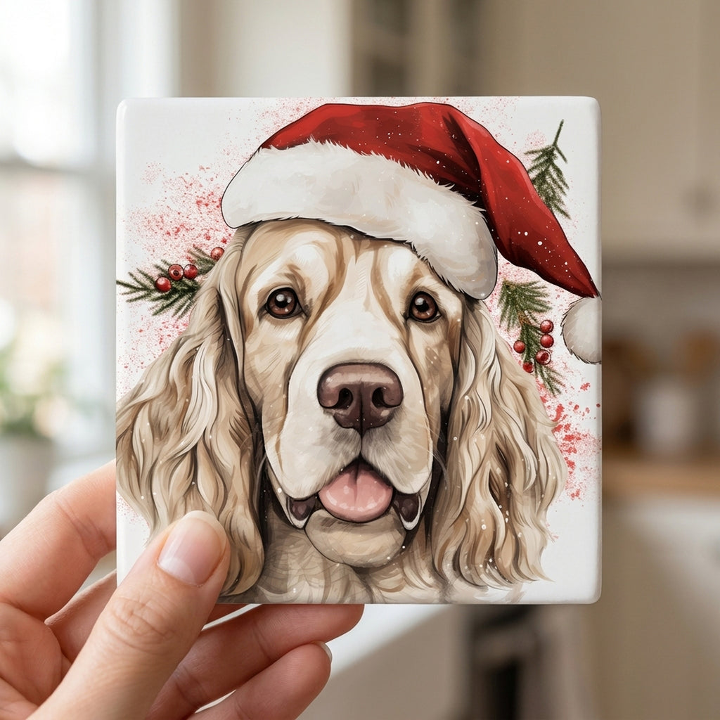 Clumber Spaniel ceramic coasters set of 4, in hand