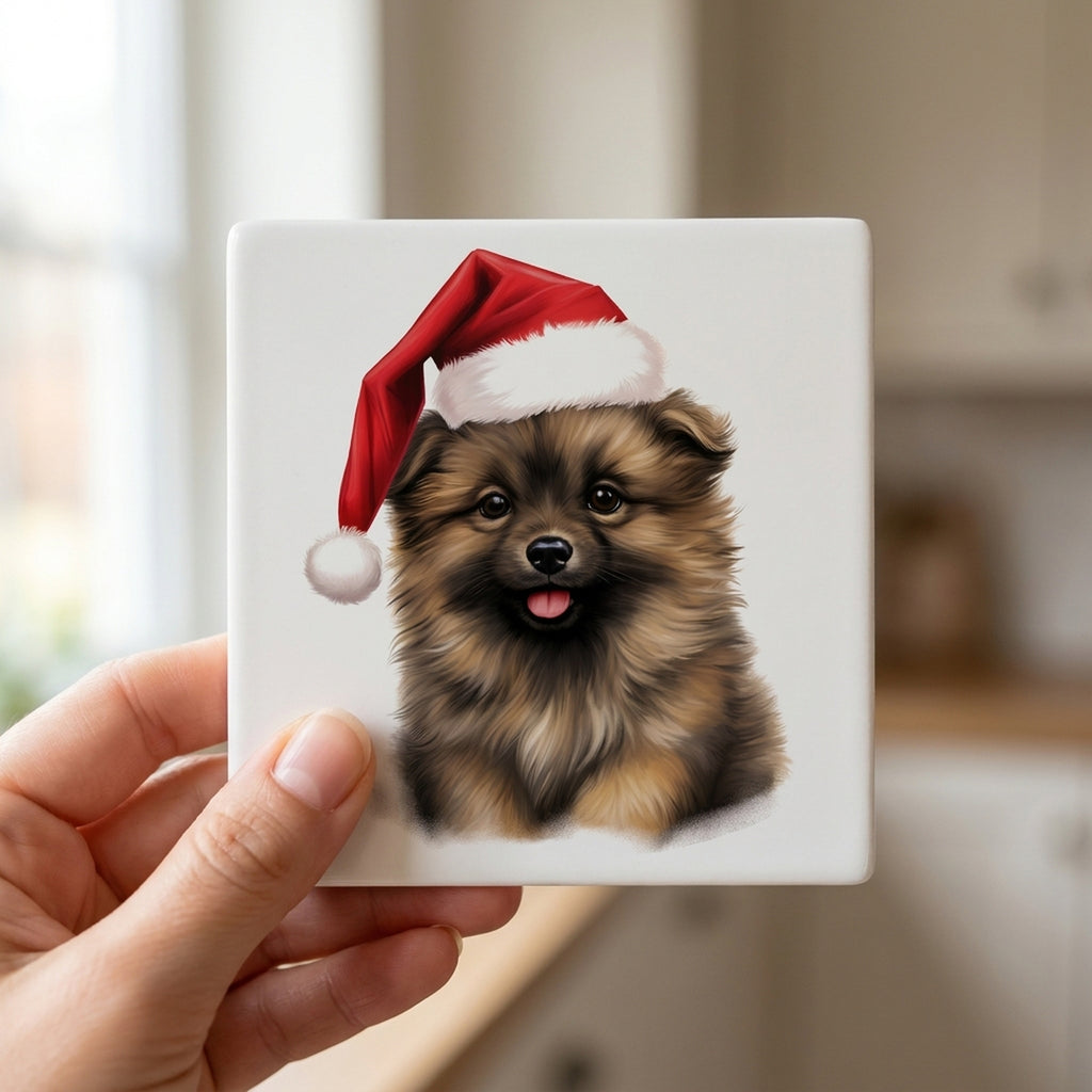 Keeshonden Puppy Drawing ceramic coasters set of 4, in hand