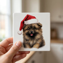 Keeshonden Puppy Drawing ceramic coasters set of 4, in hand