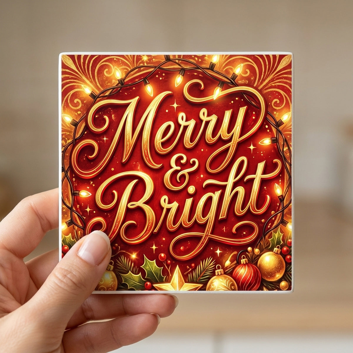 Merry & Bright ceramic coasters set of 4, in hand